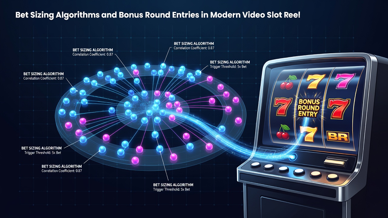 Bet sizing algorithms visualized across video reel slot interfaces showing stake adjustments and bonus entry pathways
