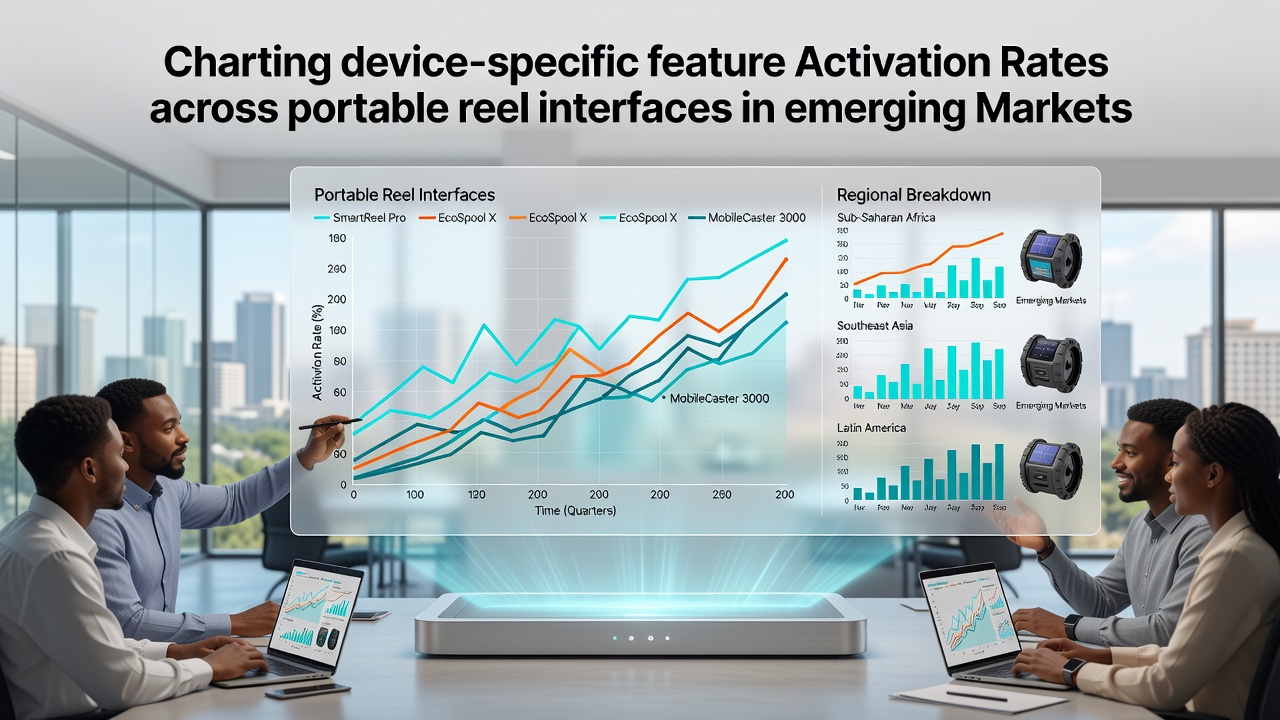 Charts displaying device-specific feature activation rates on portable reel interfaces in emerging markets
