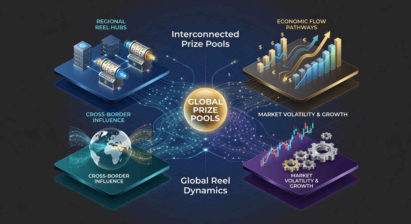 Global map overlay showing interconnected progressive jackpot networks linking casinos across continents with data flow indicators