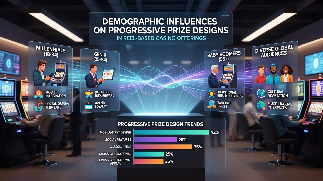 Infographic showing demographic data overlays on progressive jackpot networks and reel configurations
