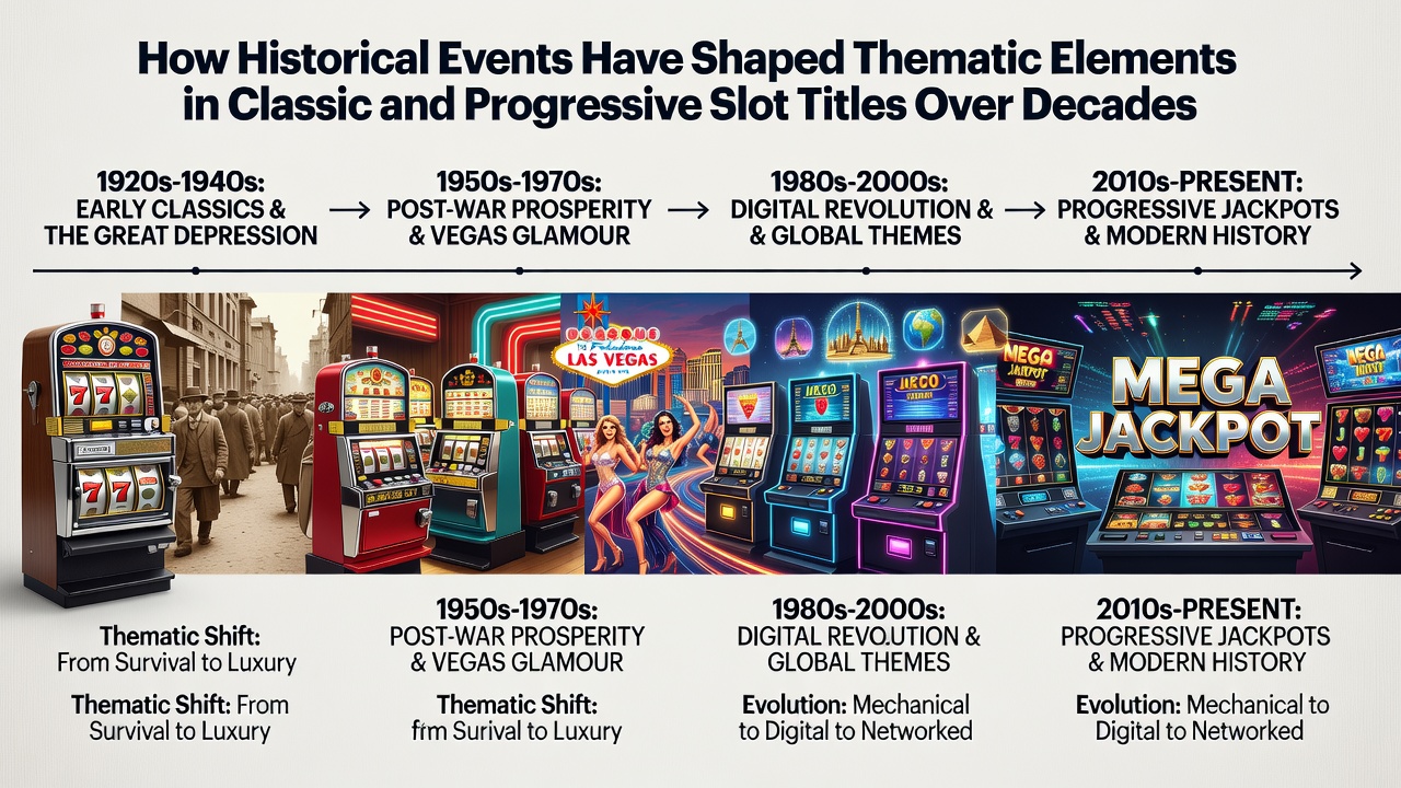 Vintage slot machines from the 1930s alongside modern progressive titles, illustrating the evolution of thematic design over time
