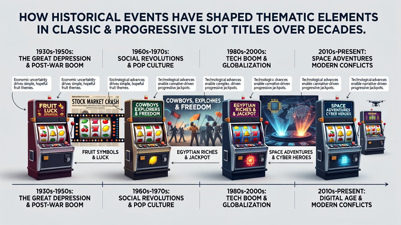 Modern progressive slot interface displaying thematic elements inspired by historical events, with reels showing symbols from different eras