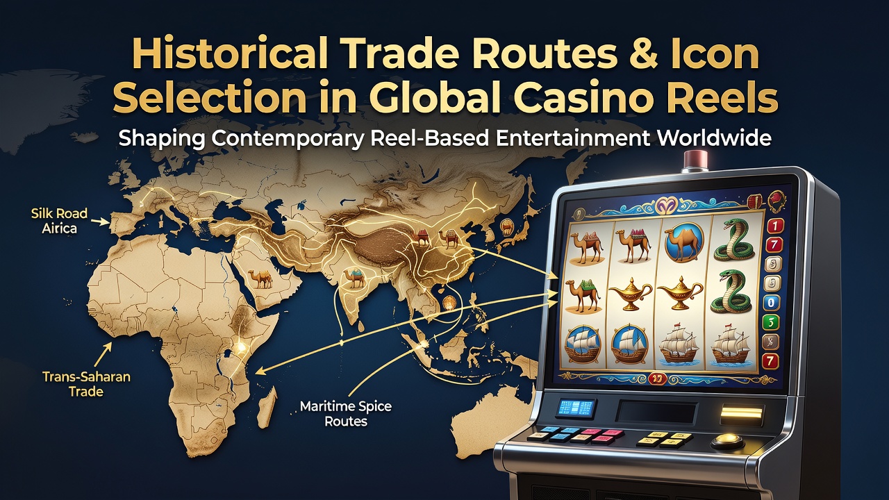 Historical trade route artifacts alongside modern slot reel icons showing cultural symbol evolution