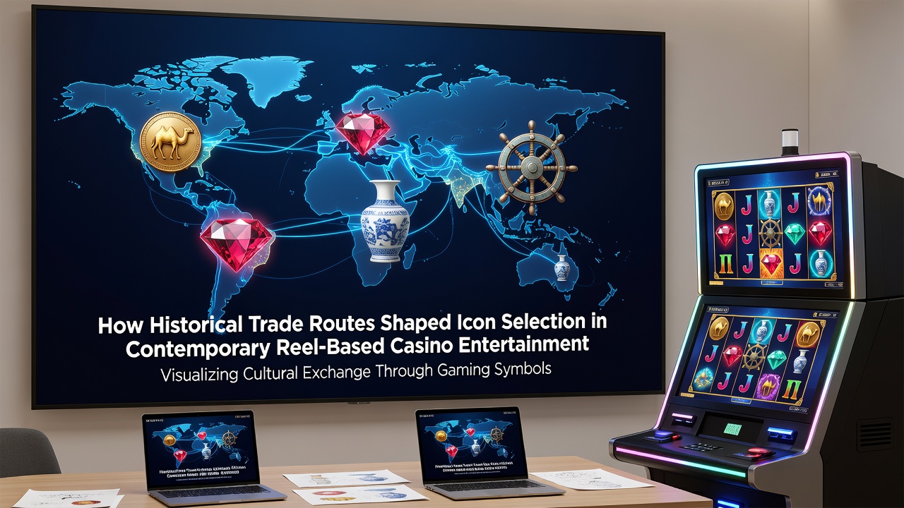 Global map overlay showing trade routes intersecting with popular slot symbol categories across continents