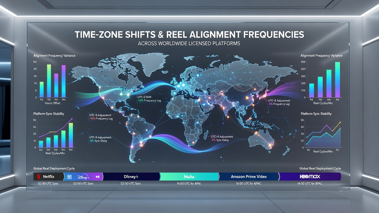 Server racks in a data center with digital overlays showing time zone clocks and reel alignment frequency graphs