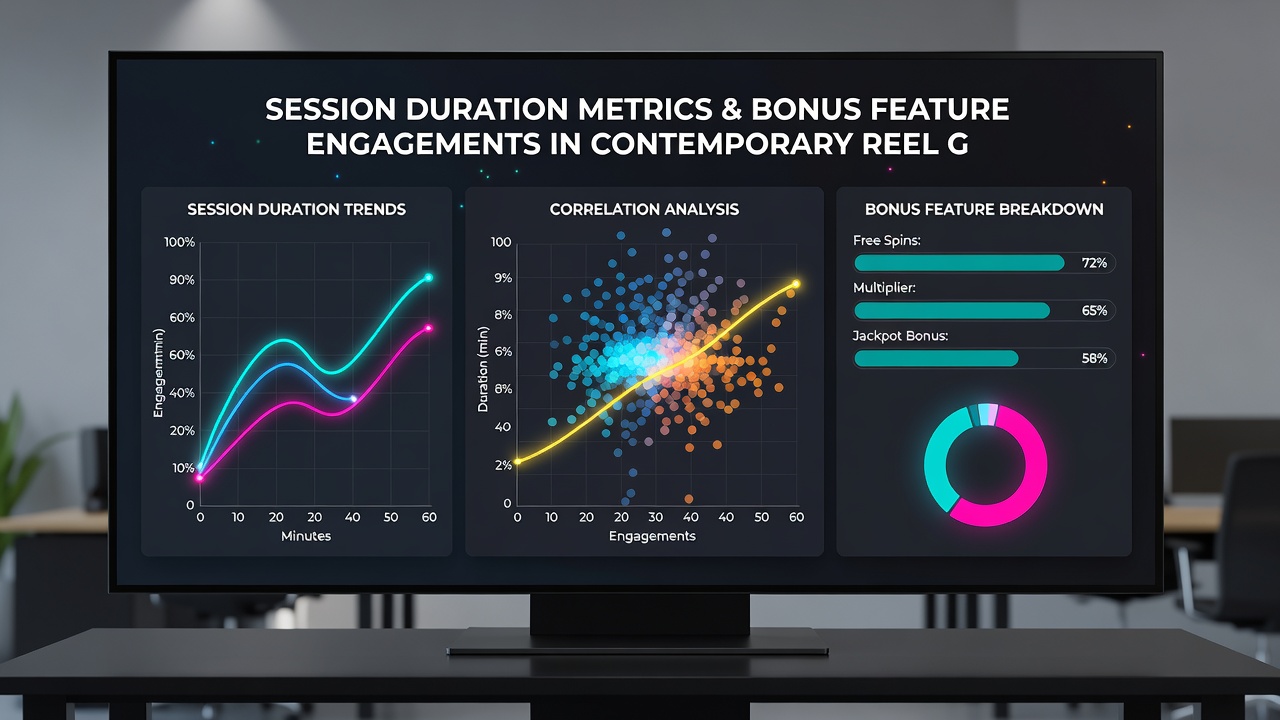 Graphs illustrating correlations between extended session lengths and increased bonus feature triggers in reel games