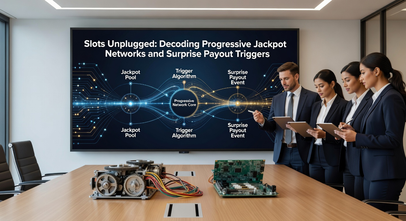 Close-up of slot reels aligning on a jackpot symbol during a surprise trigger, with digital overlay showing networked payout propagation