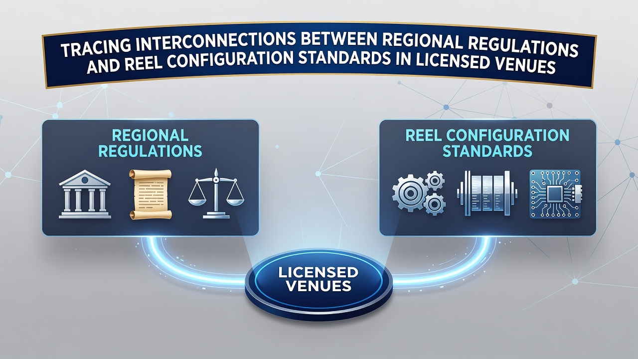 Diagram showing connections between regional gambling regulations and slot reel configuration standards in licensed venues